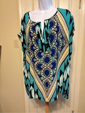 NWOT PURE ENERGY Teal, Blue & Yellow Printed Beach Coverup, X